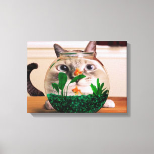Kat voor vissen in aquarium canvas afdruk