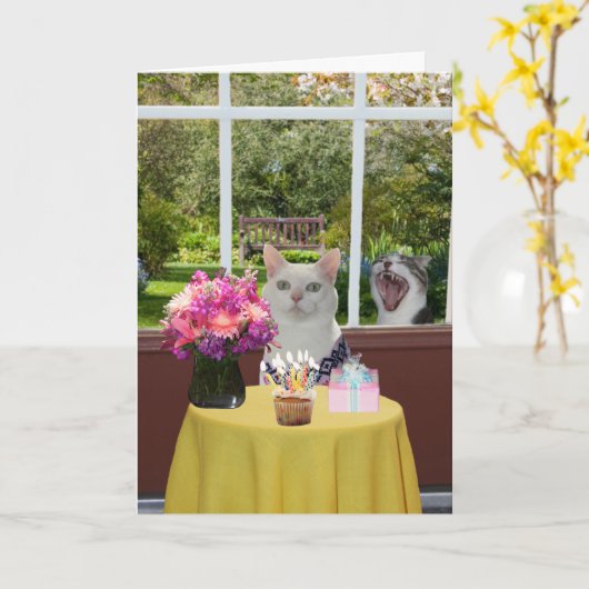   Kat Vrouw Fotobom Verjaardag Kaart (Gele Bloem)