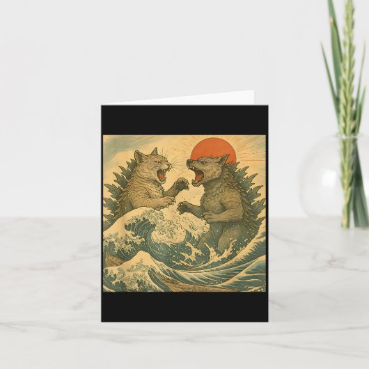 Kat Vs Hond Kaiju Monster Japanse Ukiyo-e Stijl Me Kaart (Voorkant)