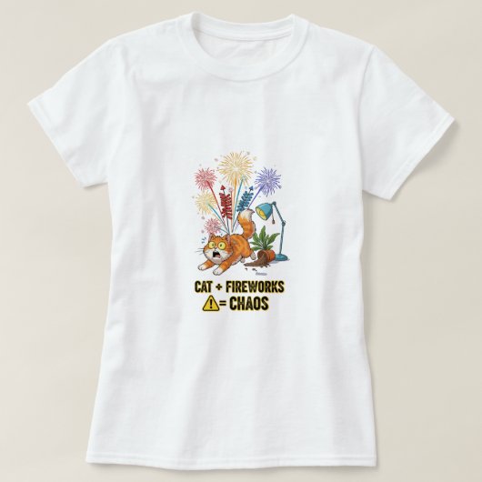 Kat + Vuurwerk = Chaos – Grappig Kattenbaasje T-sh T-shirt (Design voorkant)