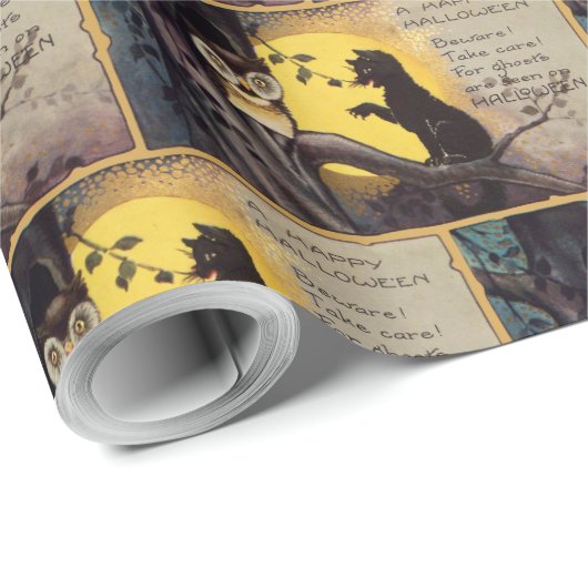 Kat Waarschuwing Uil Halloween Wrapping Papier (Rol Hoek)