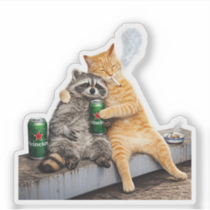 Kat Wasbeer Rokt Sigaret Vintage Meme Drinken Sticker