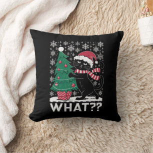 Kat Wat Een Grappige Zwarte Kat Die Kerstboom Duwt Kussen