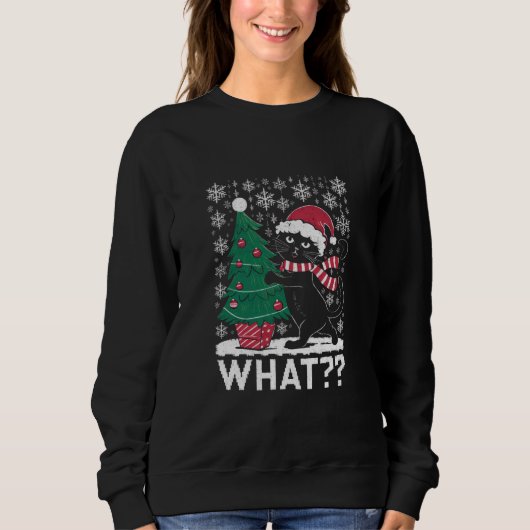 Kat Wat Een Grappige Zwarte Kat Die Kerstboom Duwt Trui (Voorkant)
