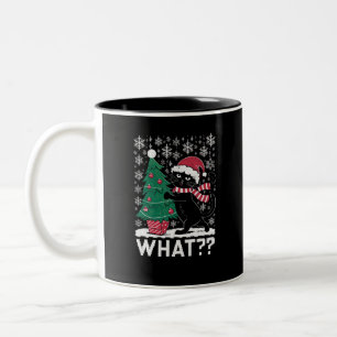 Kat Wat Een Grappige Zwarte Kat Die Kerstboom Duwt Tweekleurige Koffiemok