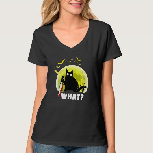 Kat wat funny Black Ca, moorddadige kat met mes T-shirt (Voorkant)