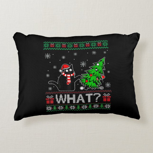 Kat Wat Grappig Zwart Kat Pushing Kerstboom Accent Kussen (Voorkant)