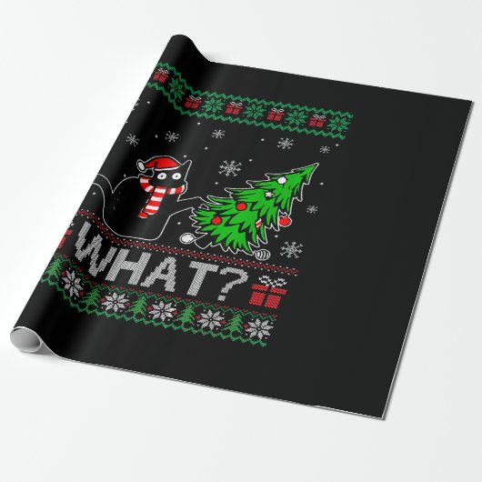 Kat Wat Grappig Zwart Kat Pushing Kerstboom Cadeaupapier (Uitgerold)