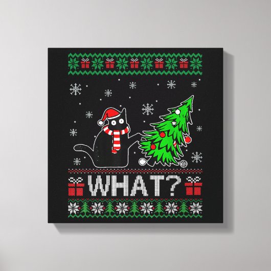 Kat Wat Grappig Zwart Kat Pushing Kerstboom Canvas Afdruk (Voorkant)