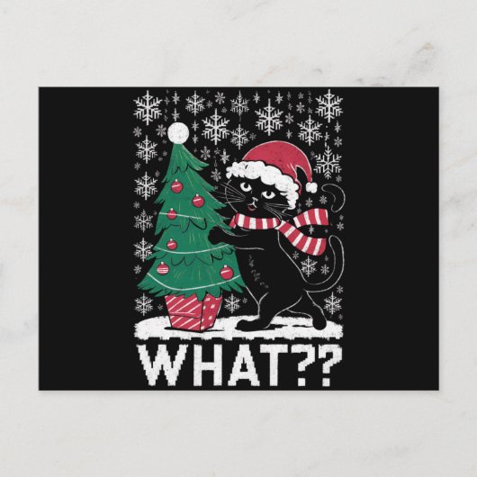 Kat Wat Grappig Zwart Kat Pushing Kerstboom Feestdagenkaart (Voorkant)