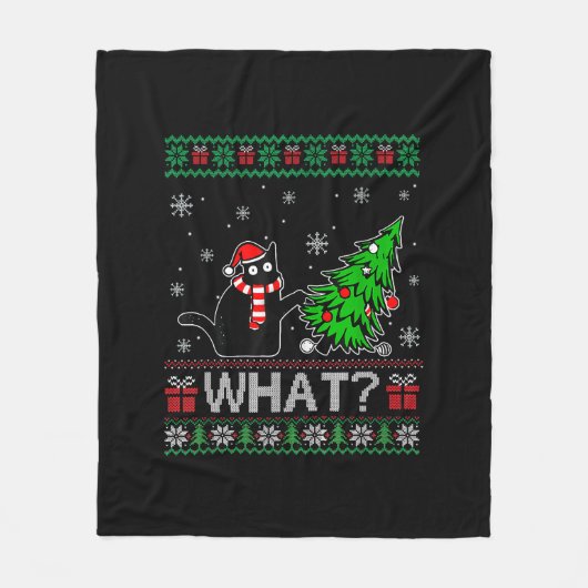 Kat Wat Grappig Zwart Kat Pushing Kerstboom Fleece Deken (Voorkant)