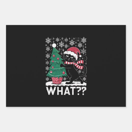 Kat Wat Grappig Zwart Kat Pushing Kerstboom Inpakpapier Vel (Voorkant)