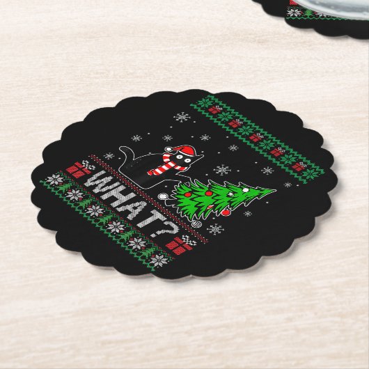 Kat Wat Grappig Zwart Kat Pushing Kerstboom Kartonnen Onderzetters (Gekanteld)