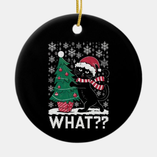 Kat Wat Grappig Zwart Kat Pushing Kerstboom Keramisch Ornament (Voorkant)