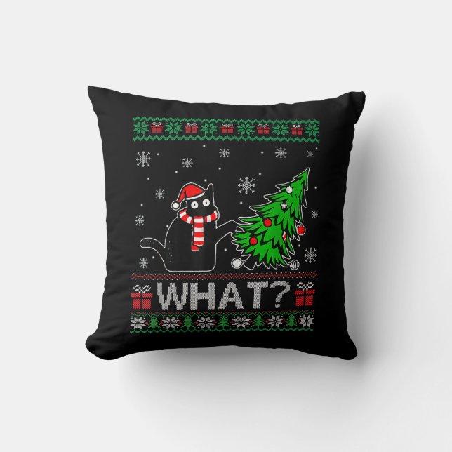 Kat Wat Grappig Zwart Kat Pushing Kerstboom Kussen (Voorkant)