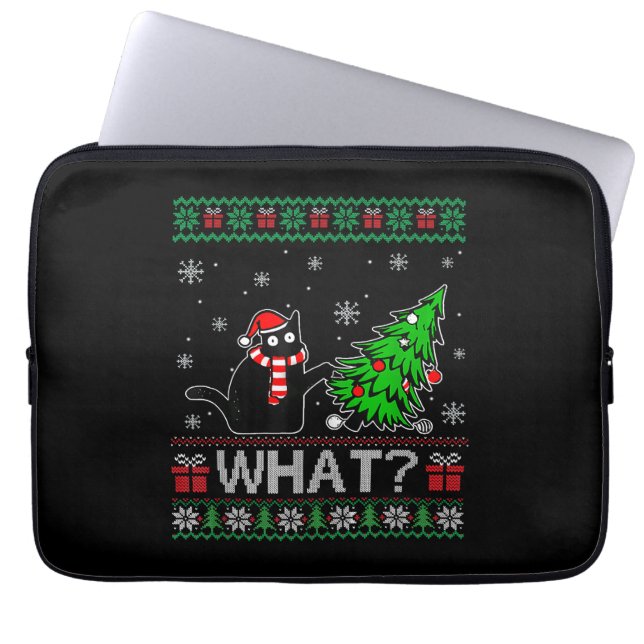Kat Wat Grappig Zwart Kat Pushing Kerstboom Laptop Sleeve (Voorkant)