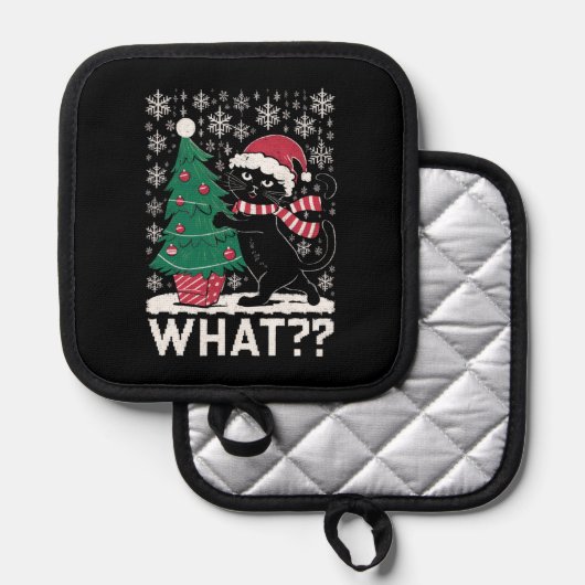 Kat Wat Grappig Zwart Kat Pushing Kerstboom Pannenlap (Voorkant / Achterkant)