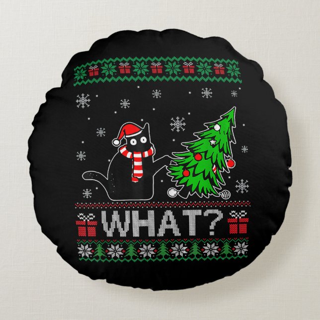 Kat Wat Grappig Zwart Kat Pushing Kerstboom Rond Kussen (Voorkant)