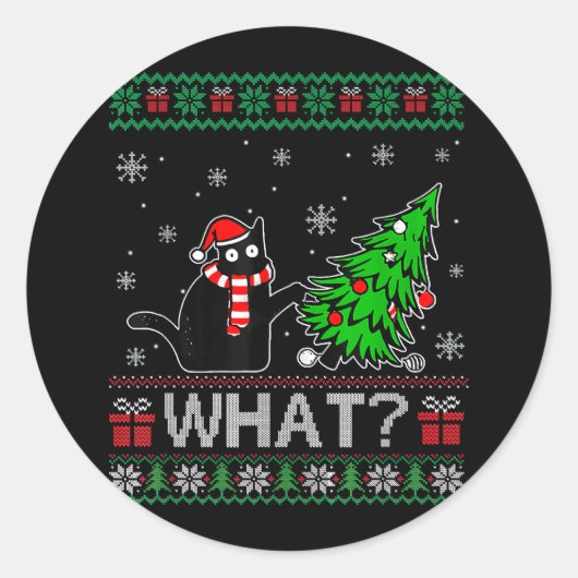 Kat Wat Grappig Zwart Kat Pushing Kerstboom Ronde Sticker (Voorkant)