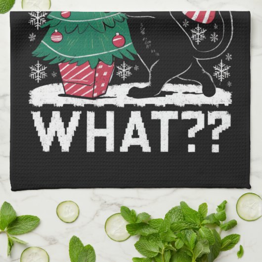 Kat Wat Grappig Zwart Kat Pushing Kerstboom Theedoek (Gevouwen)