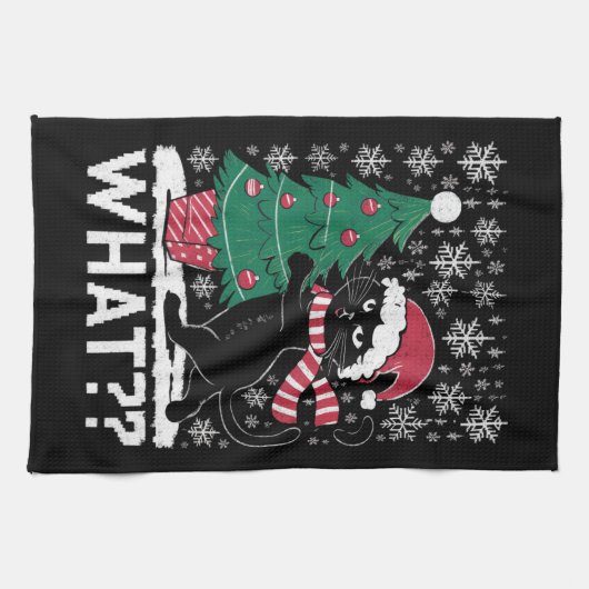 Kat Wat Grappig Zwart Kat Pushing Kerstboom Theedoek (Horizontaal)