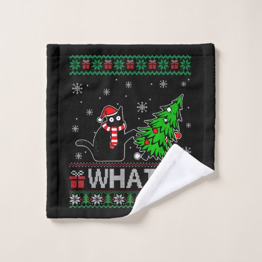Kat Wat Grappig Zwart Kat Pushing Kerstboom Washandje (Wasdoekje)