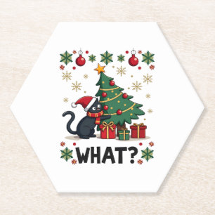 Kat wat grappig zwarte kat die met kerstbomen rond kartonnen onderzetters