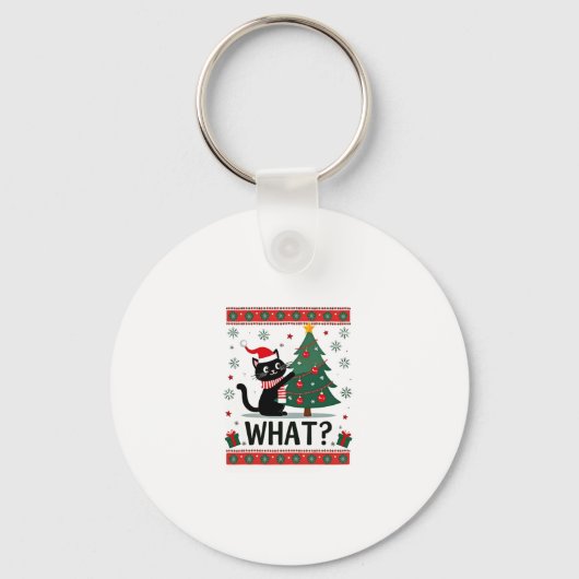 Kat wat grappig zwarte kat die met kerstbomen rond sleutelhanger (Voorkant)