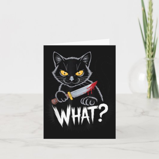 Kat Wat_ Grappige Zwarte Kat Met Mes Halloween Kaart (Voorkant)