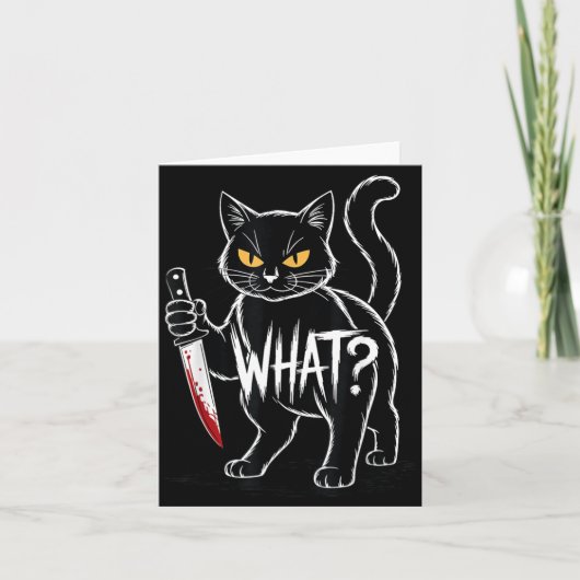 Kat Wat_ Grappige Zwarte Kat Met Mes Halloween Kaart (Voorkant)