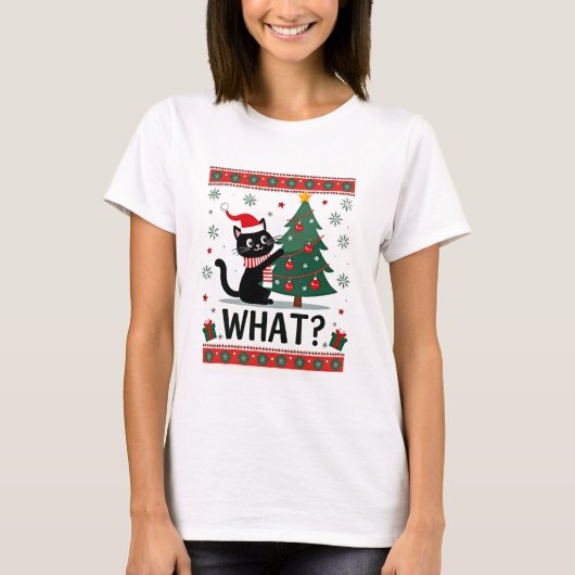 Kat Wat Leuke Zwarte Kat Duwt Kerstboom Lelijk T-shirt (Voorkant)