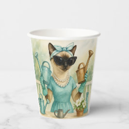 Kat werkt in de tuin papieren bekers