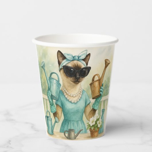 Kat werkt in de tuin papieren bekers (Voorkant)