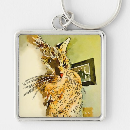 Kat Whiskers Heart Nose Waterverf Sleutelhanger (Voorkant)