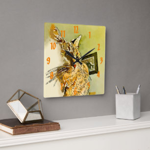 Kat Whiskers Heart Nose Waterverf Vierkante Klok