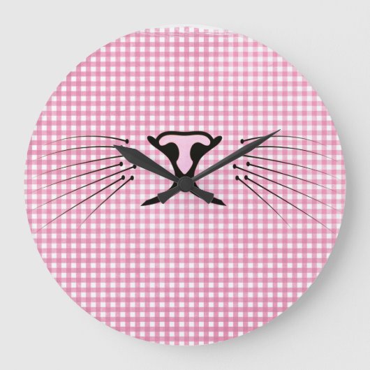 Kat Whiskers op Roze en White Gingham Grote Klok (Voorkant)