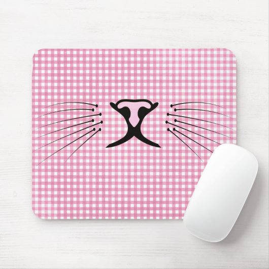 Kat Whiskers op Roze en White Gingham Muismat (Met muis)
