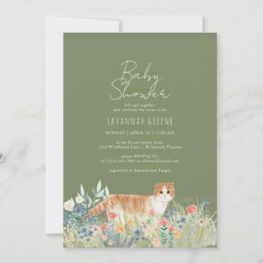 Kat Wildbloemen | Sage Green | Neutraal Baby showe Kaart (Voorkant)