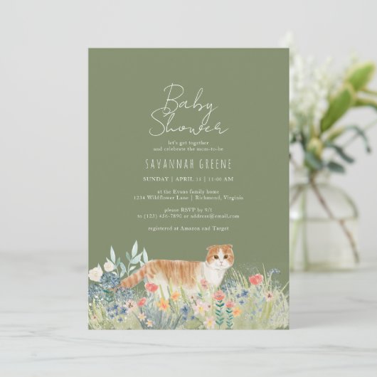Kat Wildbloemen | Sage Green | Neutraal Baby showe Kaart (Staand voorkant)
