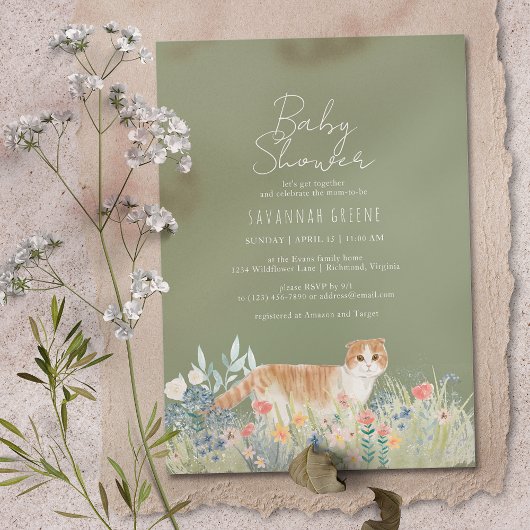 Kat Wildbloemen | Sage Green | Neutraal Baby showe Kaart