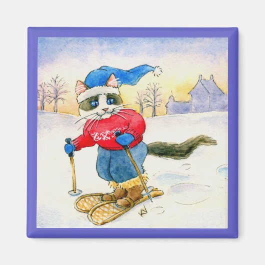 Kat-wintersport met een sneeuwschoen magneet (Voorkant)
