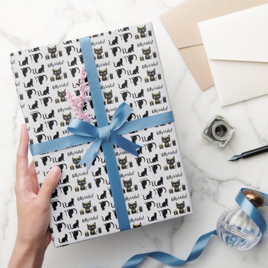 Kat Wishes-Schattige Black Cat Met Cadeau-Verjaard Cadeaupapier (Geschenken)