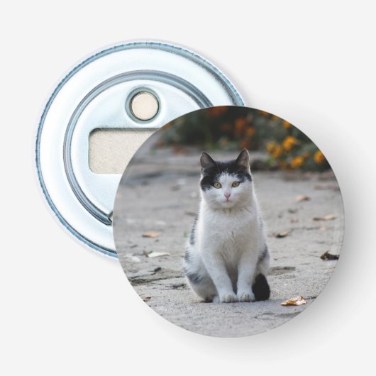 Kat, wit, huisdier button flesopener (Voorkant)