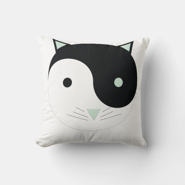 Kat Yin Yang met Mint Groen, Zwart en Wit Kussen (Voorkant)