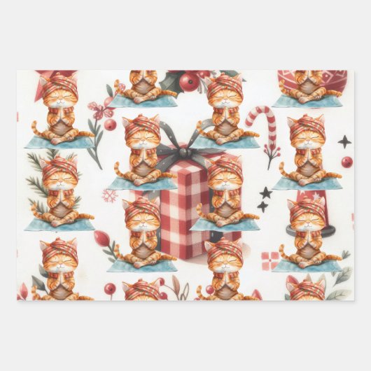 Kat Yoga met Kerst thema Inpakpapier Vel (Voorkant 2)
