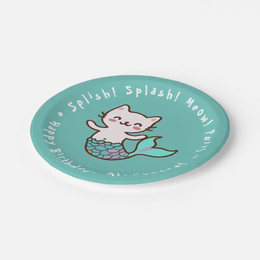 Kat Zeemeermin Blauw Meisje Verjaardag Zeemeermin  Papieren Bordje (Gekanteld)