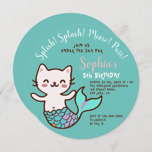 Kat Zeemeermin Blauw Rond Meisje Verjaardag Zeemee Kaart (Voorkant / Achterkant)