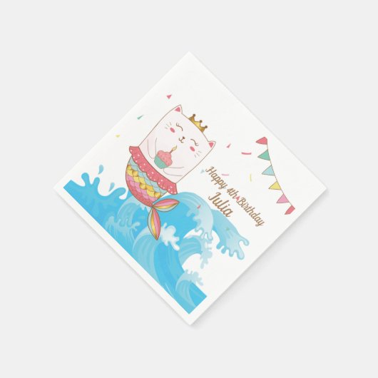 Kat zeemeermin verjaardagsfeestje servetten (Hoek)