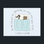 Kat Zesde dag 6 Kerstmis met ganzen-A-lade Briefkaart<br><div class="desc">Een cartoon tekening van een schattige kat in bed met een Canadese gans illustreert het zesde versum van de geliefde twaalf dagen kerstkarol op dit grappige en feestelijke briefkaart. Vind extra verzen en coördinerende producten in de 12 dagen van het collectie van Catmas van Asterisk Design.s</div>