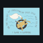 Kat Zevende dag 7 Zwans-A-Zwemende Kerstmis Briefkaart<br><div class="desc">Een cartoon tekening van een schattige kat die in een buis zweeft naast een curieuze zwaan illustreert het zevende versum van de geliefde twaalf dagen kerstkarol op dit grappige en feestelijke briefkaart. Vind extra verzen en coördinerende producten in de 12 dagen van het collectie van Catmas van Asterisk Design.s</div>